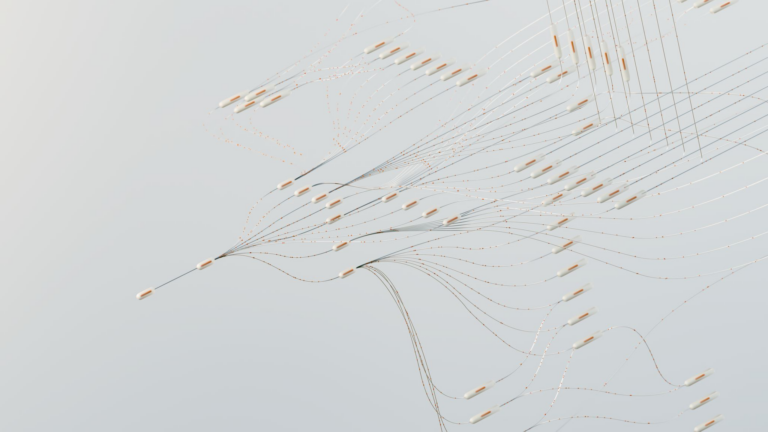 Abstract illustration depicting complex digital neural networks and data flow.